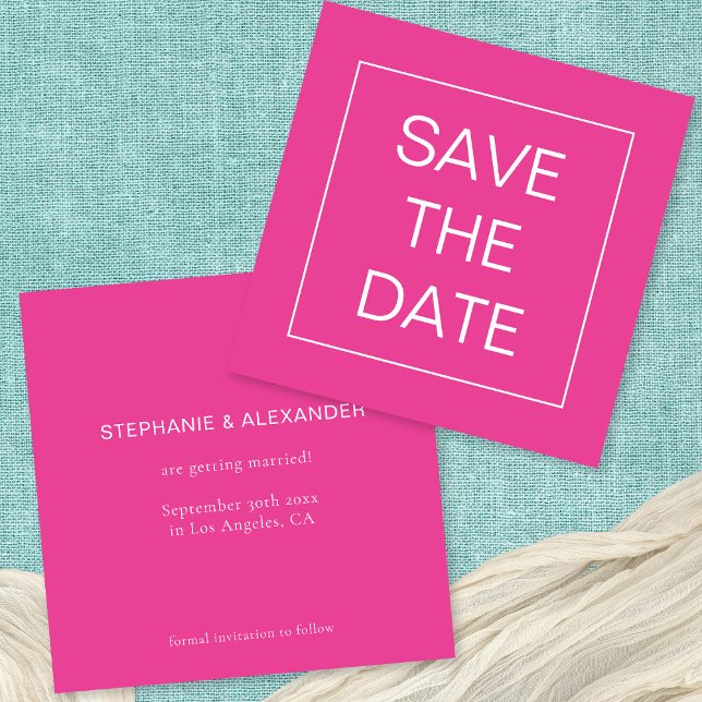 Simple Hot Pink Line Border Wedding Square Save The Date (Front and back view)