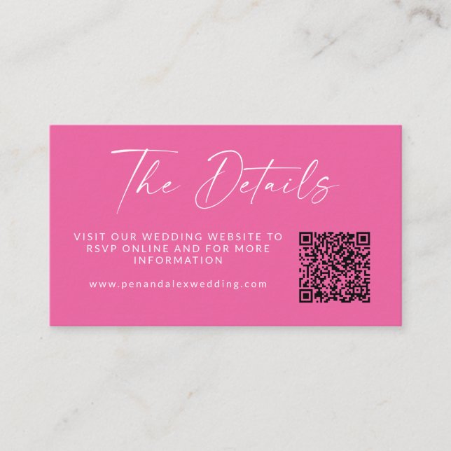 Simple Hot Pink Modern Script Wedding QR Code Enclosure Card (Front)