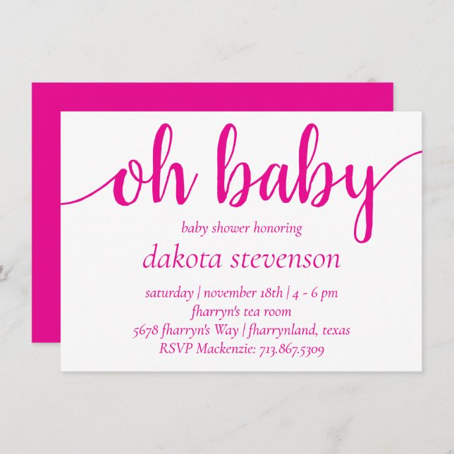 Simple Hot Pink Oh Baby | Magenta Flourish Shower Invitation (Front/Back)