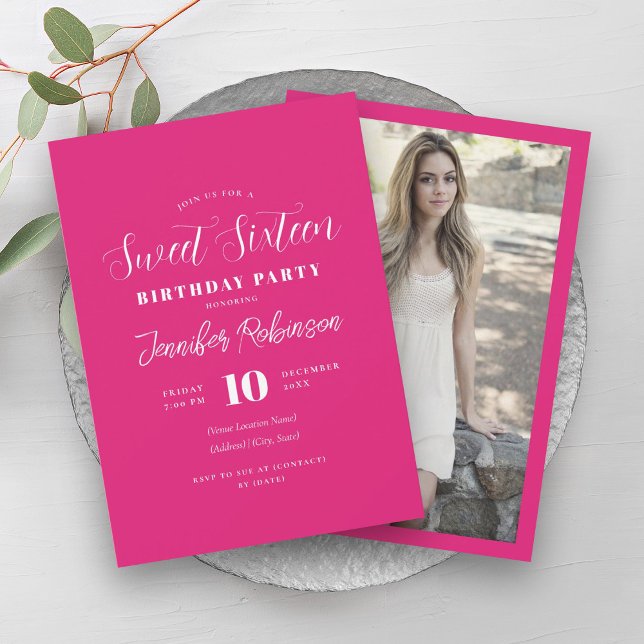 Simple Hot Pink Photo Sweet 16 Sixteen  Invitation (Simple Hot Pink Photo Sweet 16 Sixteen Invitation)