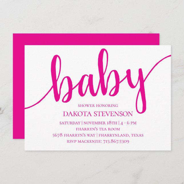 Simple Hot Pink Script | Flourish Baby Shower Invitation (Front/Back)
