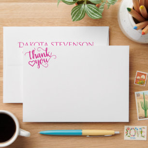 Simple Hot Pink Script   Magenta Heart Thank You Envelope