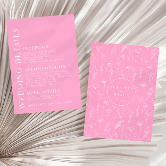 Simple hot pink white floral wedding details cards (Creator Uploaded)