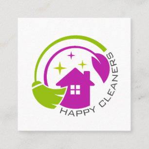 Simple House & Broom Cleaning Maid Service Logo Square Business Card