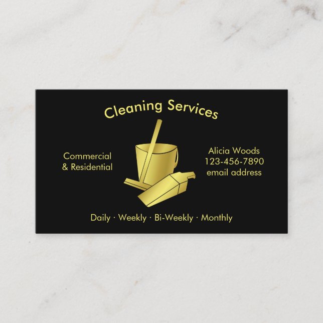 Simple House Cleaning Services Black and Gold Business Card (Front)