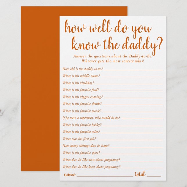 Simple How Well Do You Know Daddy | Orange Card (Front/Back)