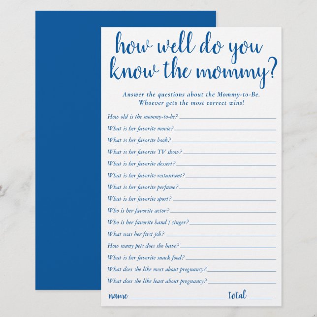 Simple How Well Do You Know Mummy | Blue Keepsake (Front/Back)