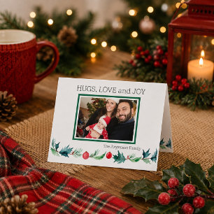 Simple Hugs Love and Joy Family Christmas Photo Card
