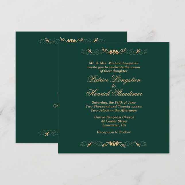 Simple Hunter Green and Gold Wedding Invitation (Front/Back)