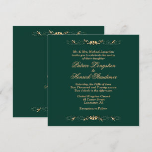Simple Hunter Green and Gold Wedding Invitation