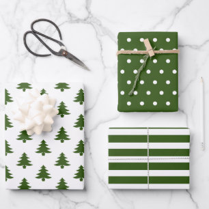 Simple Hunter Green White Christmas Trees Mixed Wrapping Paper Sheet