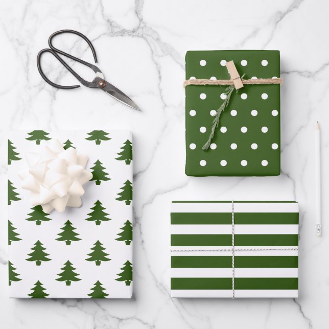 Simple Hunter Green White Christmas Trees Mixed Wrapping Paper Sheet (Front)