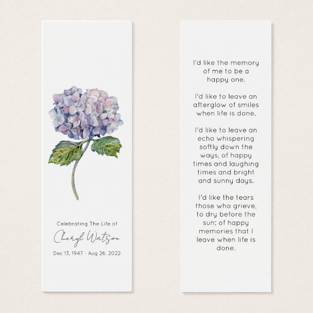 Simple Hydrangea Funeral Memorial Bookmark (Front & Back)