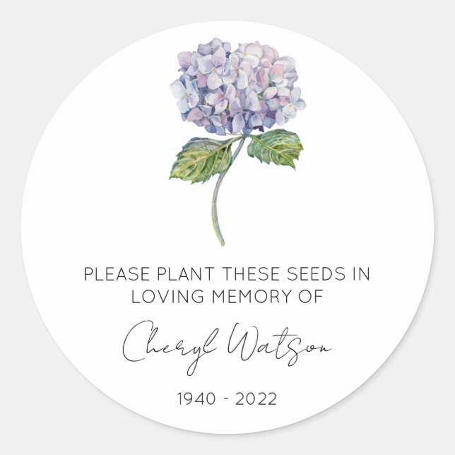 Simple Hydrangea Memorial Seed Packet Classic Round Sticker (Front)