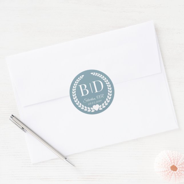 Simple Icy Slate Blue Monogram Wedding Classic Round Sticker (Envelope)