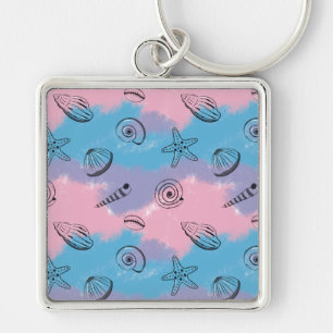 Simple Illustrated Seashells on Cool Colours Key Ring