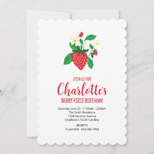 Simple Illustrated Strawberry First Birthday  Invitation