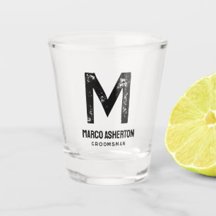 Simple initial and name black text bachelor party shot glass