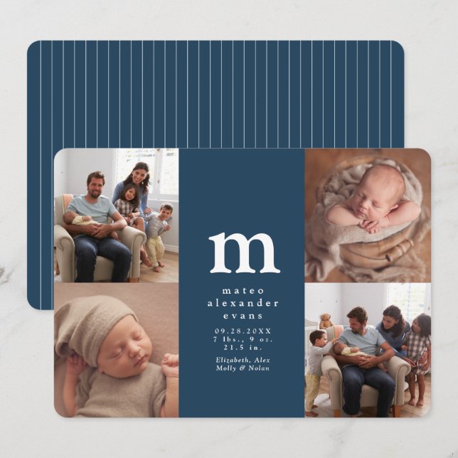 Simple initial four photo collage navy blue birth announcement (Front/Back)