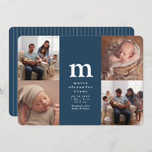 Simple initial four photo collage navy blue birth announcement