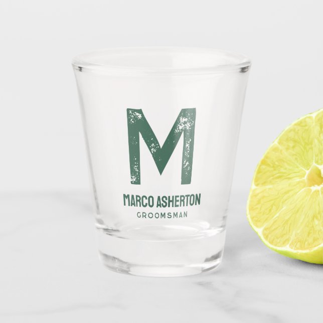 Simple initial green text bachelor party shot glass (Front)