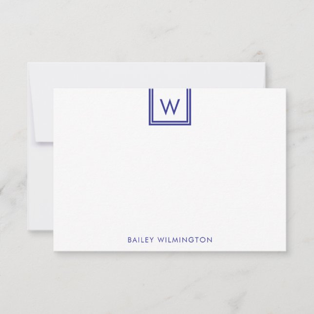 Simple Initial in Box Deep Blue Stationery Card (Front)