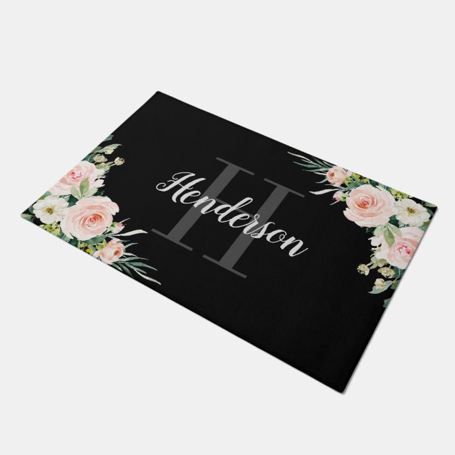 simple initial monogram blush floral family doormat (Angled)