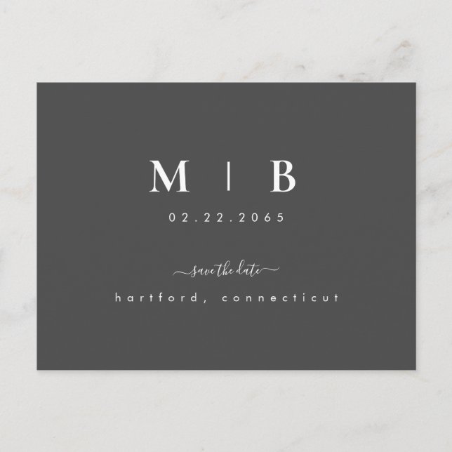 Simple Initials Swash Grey Wedding Save the Date Postcard (Front)