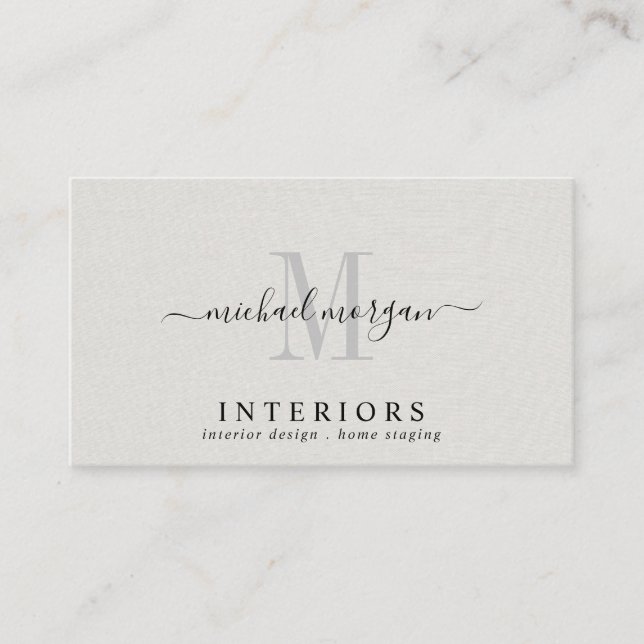 Simple Interior Designer Faux Linen Script Business Card (Front)