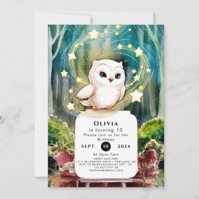 Simple Into the Woods Owl Birthday Invitation (Front)
