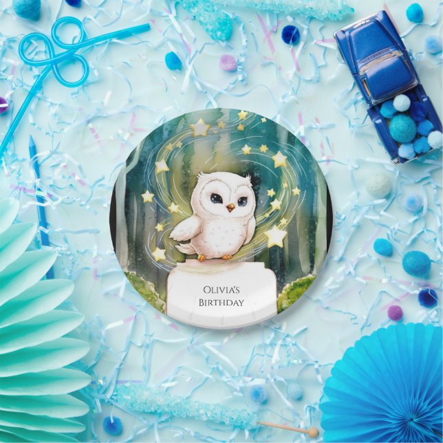 Simple Into the Woods Owl Birthday Paper Plate (Party)