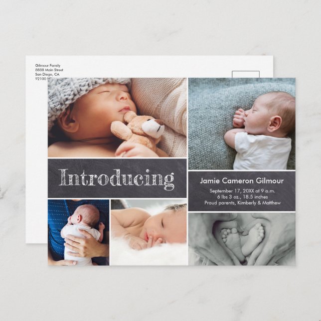Simple Introducing Chalkboard Multiple Baby Photos Announcement Postcard (Front/Back)