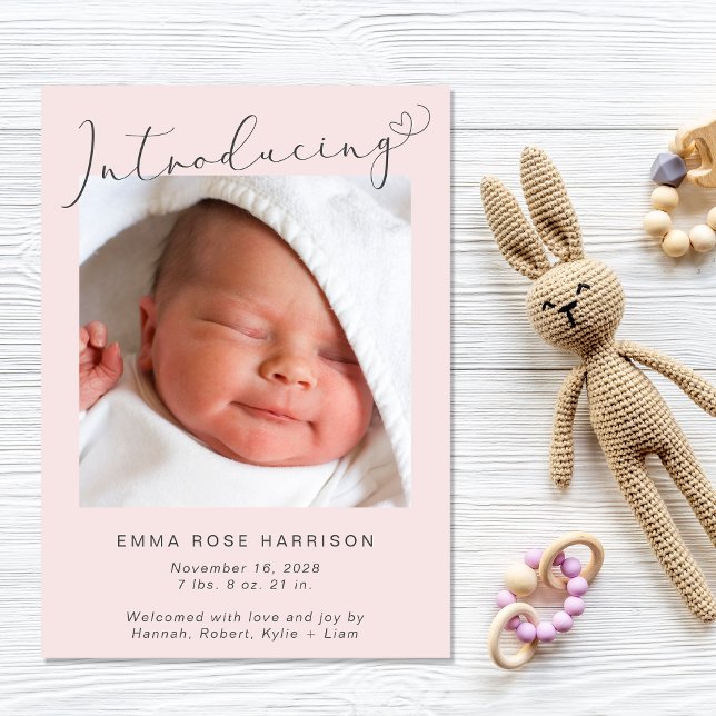Simple Introducing Photos Pink  Baby Girl Birth Announcement (Announce the arrival of your precious baby in a way that is as beautiful and unique as she is)