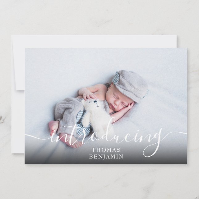 Simple Introducing Script Boy Blue Photo Birth Announcement (Front)