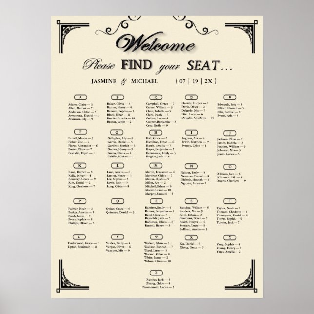 Simple Ivory Alphabetical Wedding Seating Chart (Front)