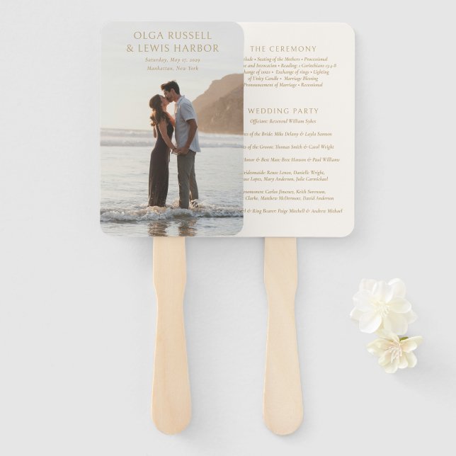 Simple Ivory and Gold Modern Wedding Program Hand Fan (Front and Back)