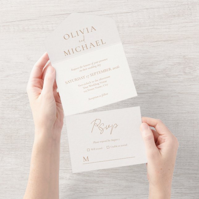 Simple Ivory and Tan Modern Wedding All In One Invitation (Tearaway)