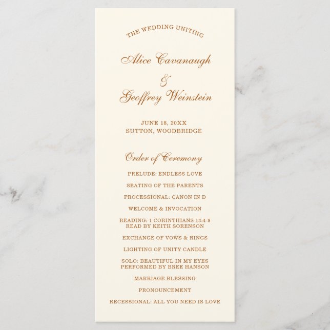Simple Ivory Copper Elegant Wedding Programme (Front)
