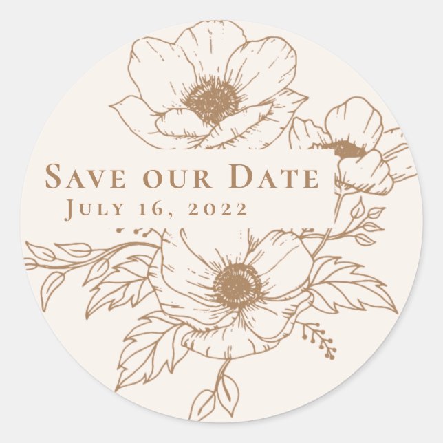 Simple Ivory Gold Anemone Art Floral Save our Date Classic Round Sticker (Front)