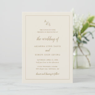 Simple Ivory Gold Monogram Formal Elegant Wedding Invitation