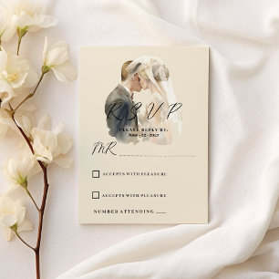Simple ivory grey white couple photo RSVP  Invitation