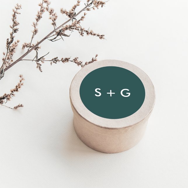 Simple Jasper Green Wedding Monogram Classic Round Sticker (Creator Uploaded)