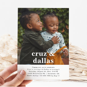 Simple Joint Birthday Invitation   Photo   Twins