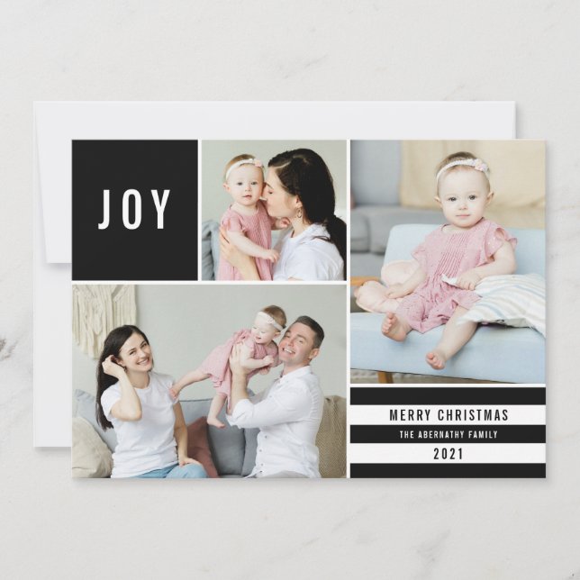 Simple Joy 3 Photo Collage Modern Stripes | Black Holiday Card (Front)
