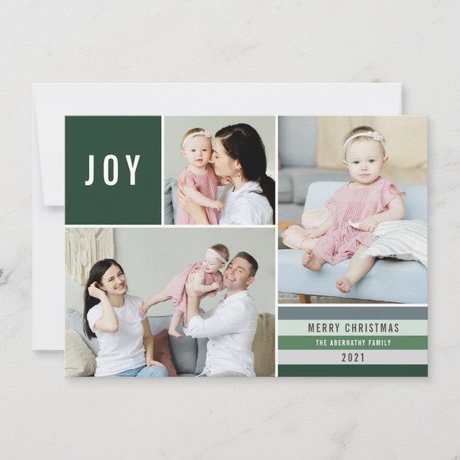 Simple Joy 3 Photo Collage Modern Stripes | Green Holiday Card (Front)