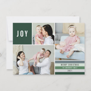 Simple Joy 3 Photo Collage Modern Stripes Green Holiday Card