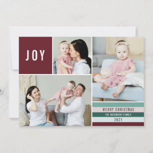 Simple Joy 3 Photo Collage Modern Stripes   Maroon Holiday Card