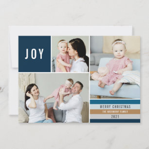 Simple Joy 3 Photo Collage Modern Stripes Navy Holiday Card