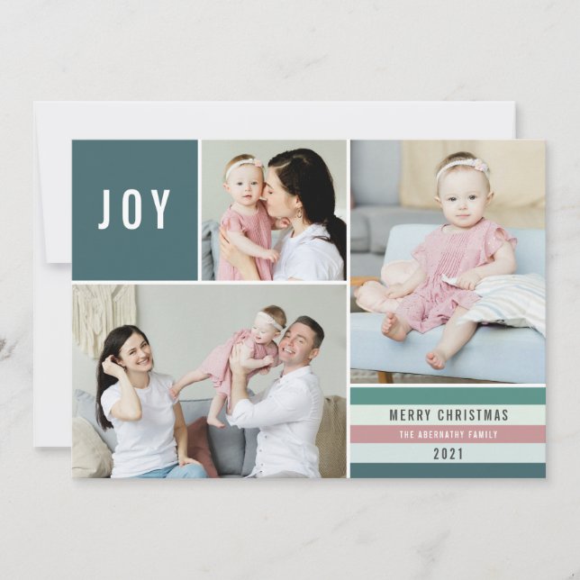 Simple Joy 3 Photo Collage Modern Stripes | Teal Holiday Card (Front)
