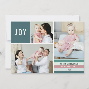 Simple Joy 3 Photo Collage Modern Stripes   Teal Holiday Card